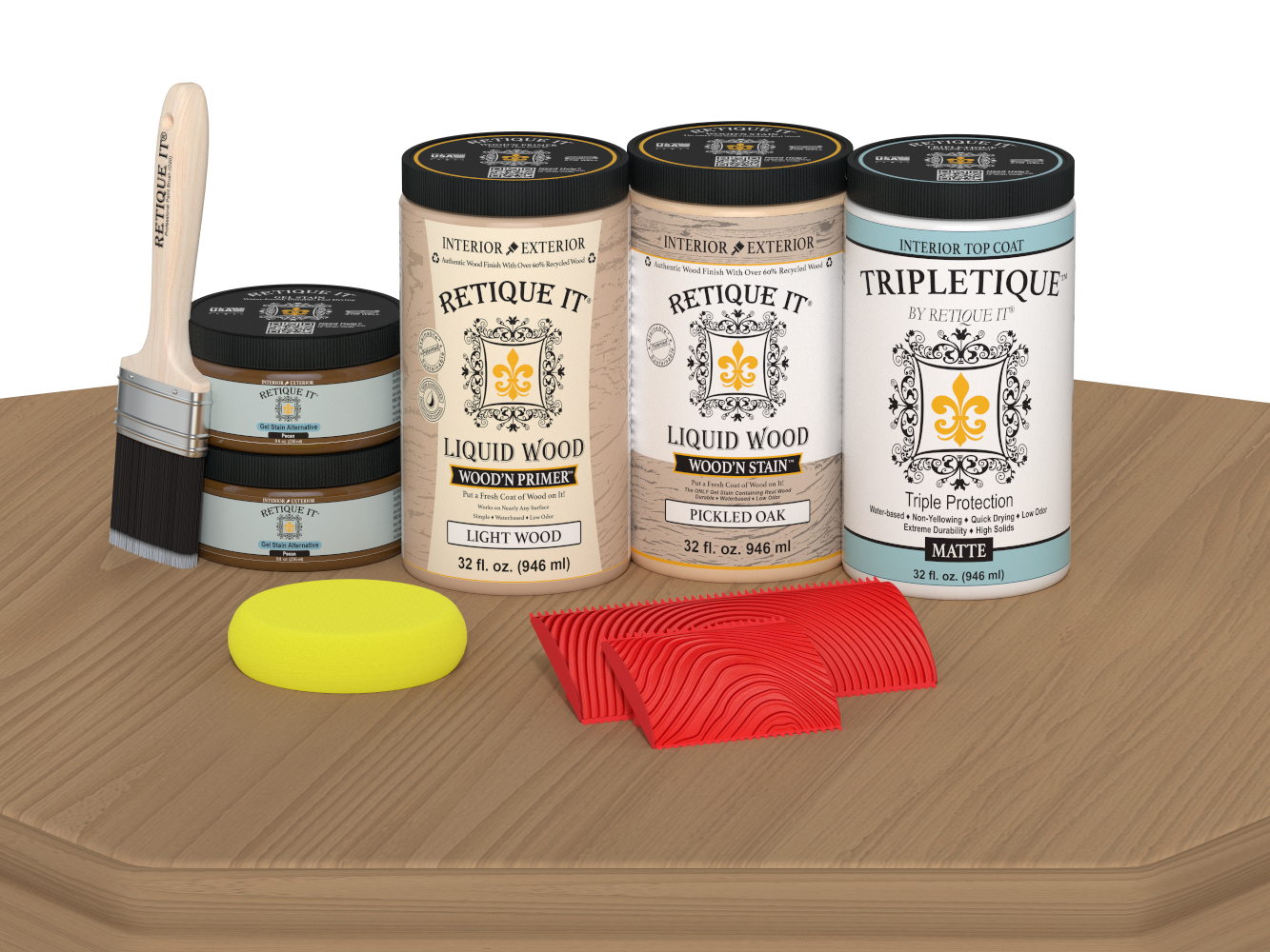 Retique It® Wood'n Finish Kit with four large pickled oak stain bottles for wood finishing, matte finish shown on tabletop.