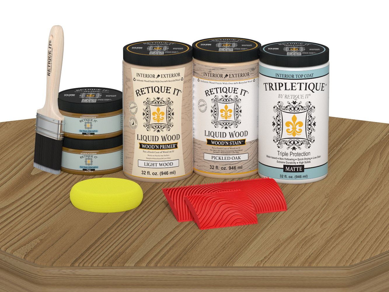Large Pickled Oak Wood'n Finish Kit by Retique It® for interior top coat, featuring wood finish and application tools.