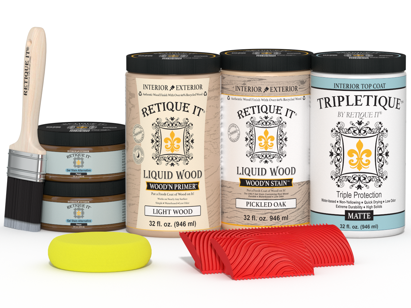 Retique It® Wood'n Finish Kit with four large pickled oak stain bottles for wood furniture and craft projects.