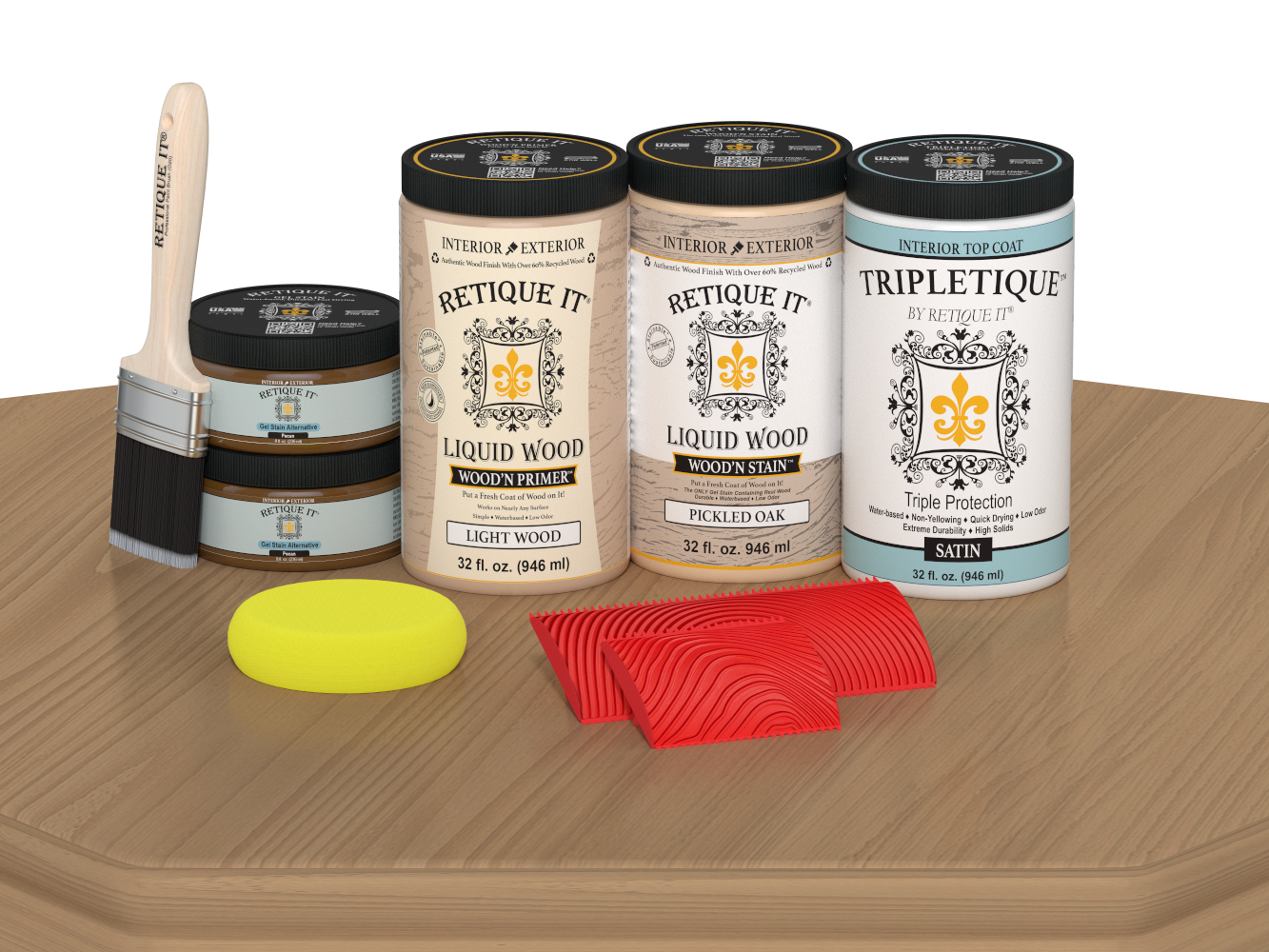 Retique It® Wood'n Finish Kit with four large pickled oak stain bottles, satin finish, designed for tabletop wood staining.