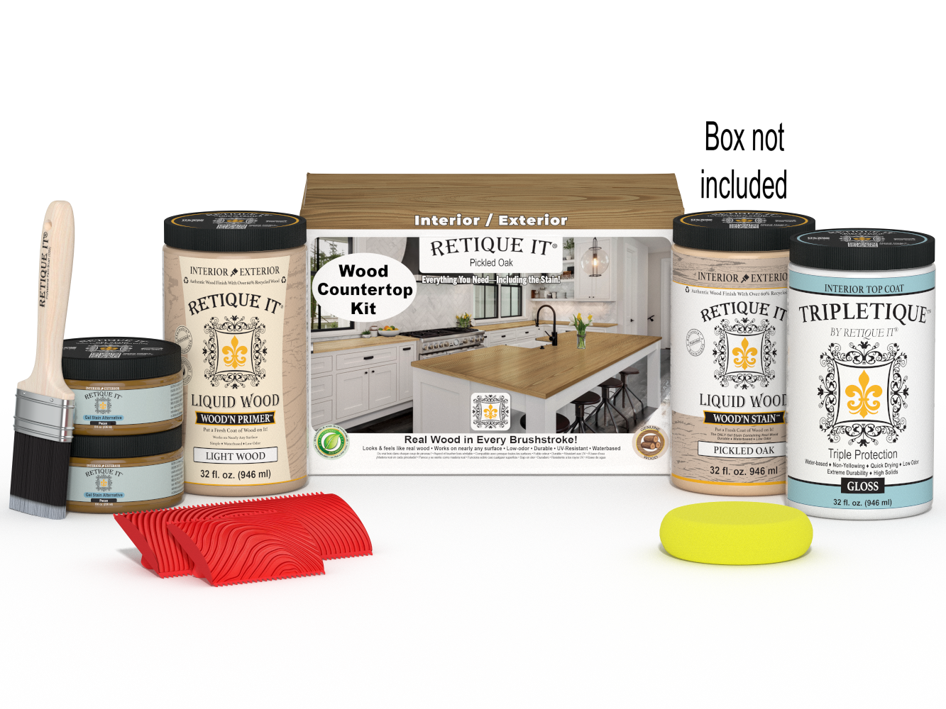 Retique It® pickled oak countertop kit stain, showcasing the natural wood grain and full kitchen countertop application.