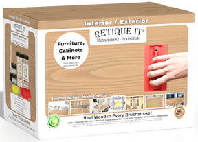Retique It Pickled Oak multipurpose liquid wood refinishing kit box with light wood grain finish examples and a red graining tool.