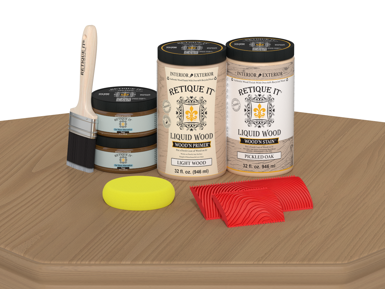 Retique It® Wood'n Finish Front Door Kit in Pickled Oak stain, featuring a double door with natural wood grain details.