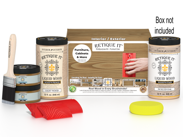 Large Wood'n Finish Kit by Retique It in Pickled Oak, includes tools and supplies for multi-purpose wood finishing projects.