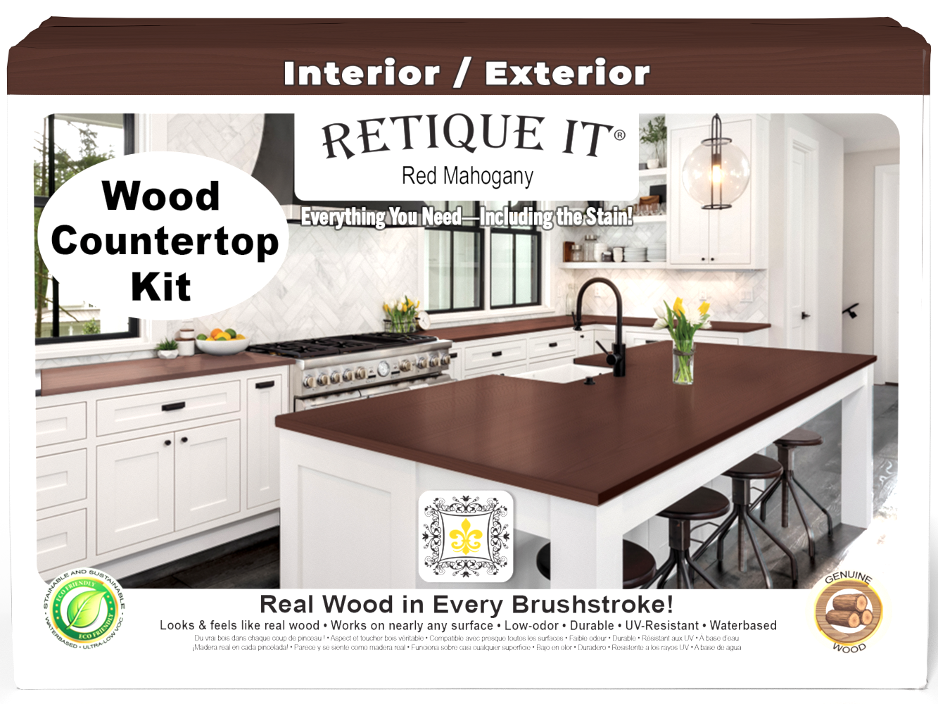 Retique It® red mahogany countertop kit with stain, featuring a full kitchen setup with a polished red mahogany finish.