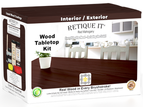 Retique It® Wood'n Finish Kit with four large red mahogany stain bottles, ideal for tabletop wood finishing projects.