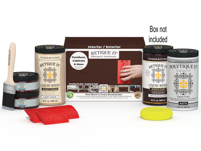 Large Red Mahogany Wood'n Finish Kit by Retique It with exterior top coat and application tools in a box.
