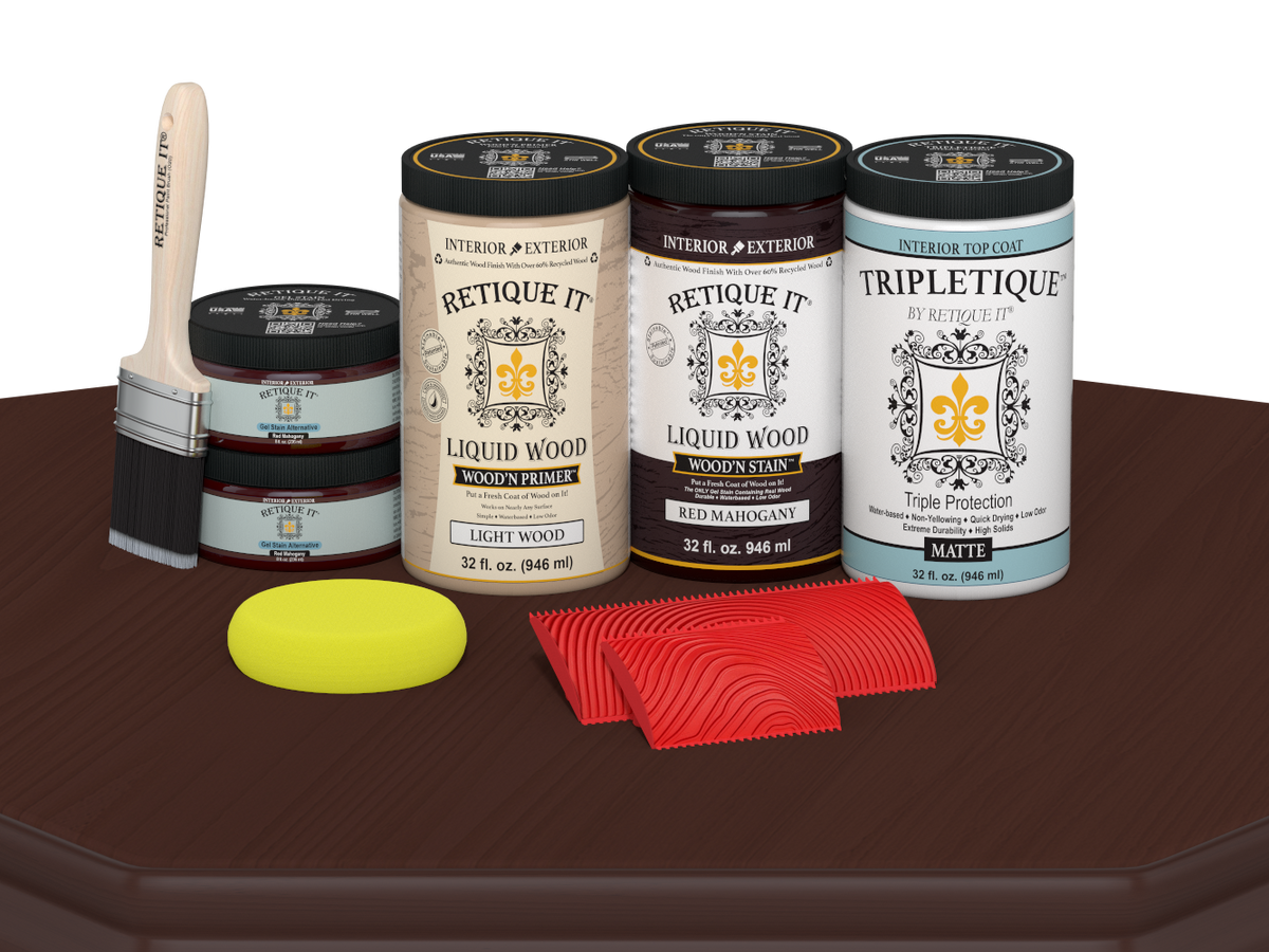 Retique It® countertop kit in red mahogany stain showing a matte-finish kitchen countertop with rich wood tones.