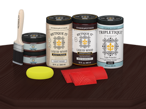 Retique It® red mahogany countertop stain kit for full kitchen renovation, satin finish applied on a kitchen surface.