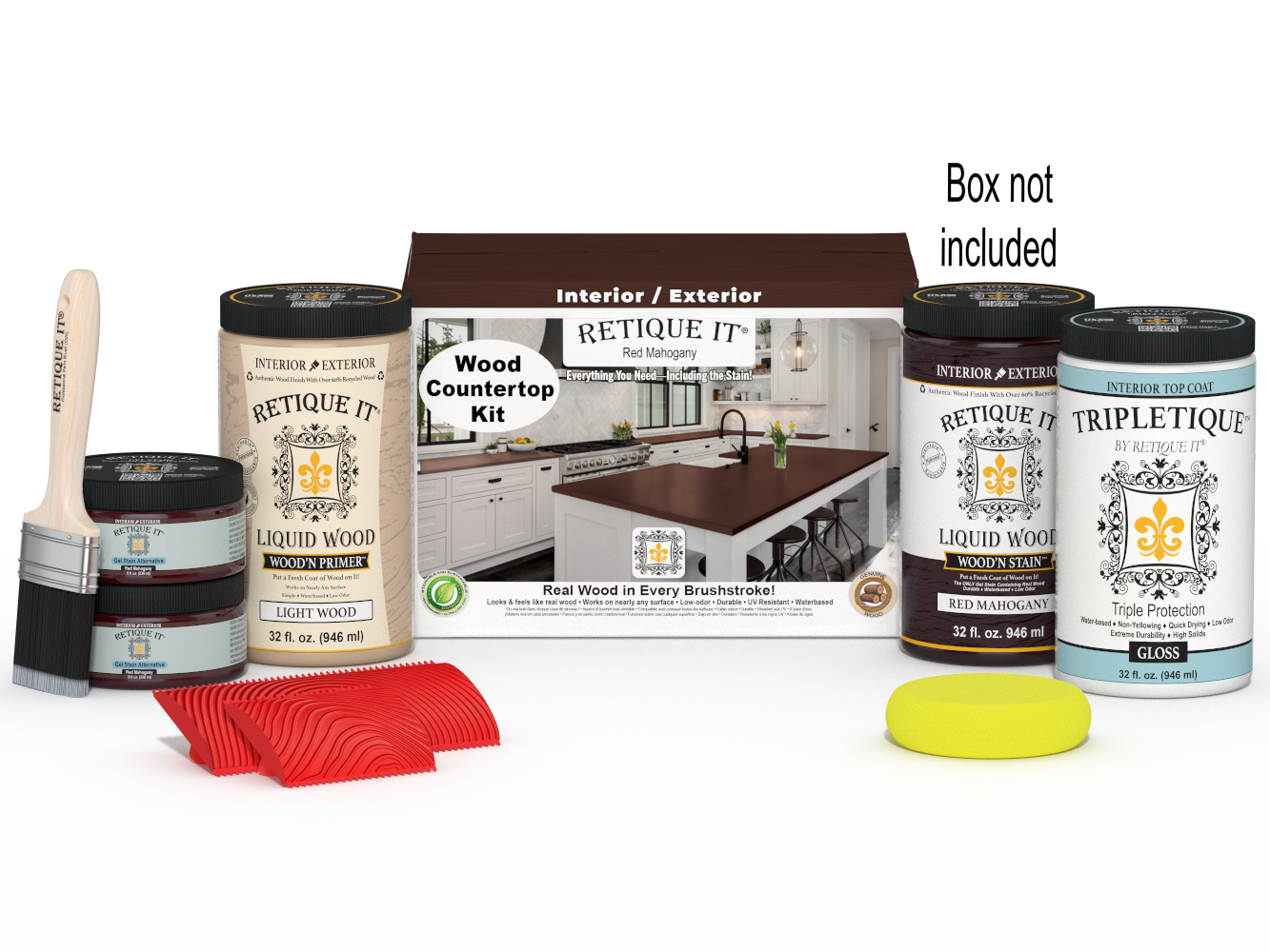 Retique It® countertop kit in Red Mahogany stain, full kitchen setup with wood grain finish and staining tools.