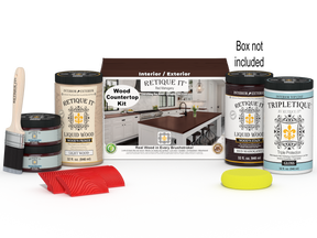 Retique It® countertop kit in Red Mahogany stain, full kitchen setup with wood grain finish and staining tools.