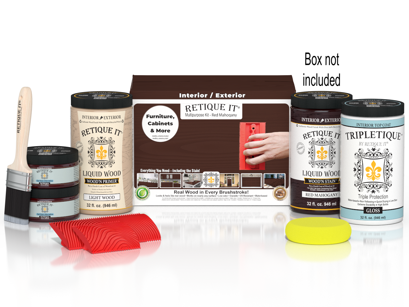 Large Red Mahogany Wood'n Kit by Retique It® for interior top coating, featuring tools and supplies for wood finishing projects.
