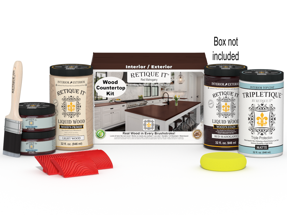 Retique It® Red Mahogany countertop kit with stains, featuring a full kitchen setup and a box of stain products for wood renovation.