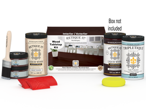 Retique It® Wood'n Finish Kit with four large red mahogany stain bottles for wood furniture finishing, shown with packaging.