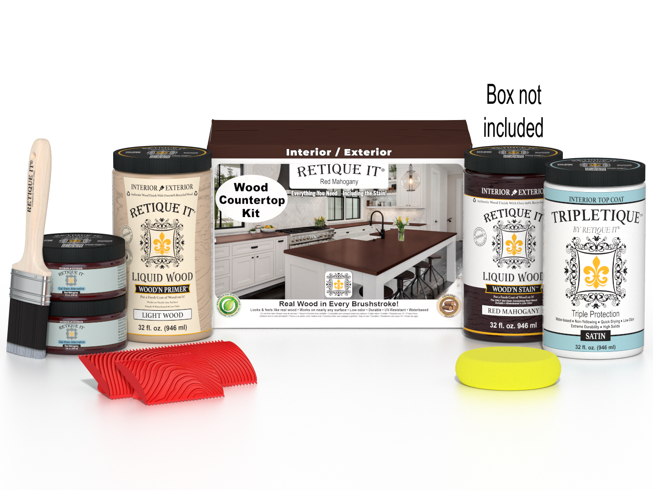 Retique It® red mahogany countertop kit with stains, showing a full kitchen countertop surface in natural wood finish.