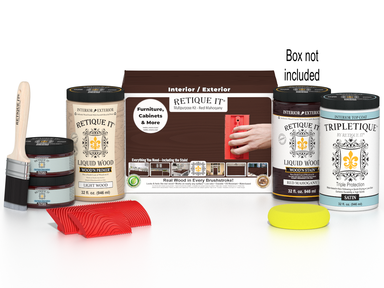 Large Red Mahogany Wood'n Finish Kit by Retique It® with interior top coat and wood finish supplies in a box.