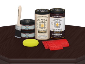 Retique It® Wood'n Cabinet Kit with 12 red mahogany stained cabinet doors and grain details, displayed on a table.