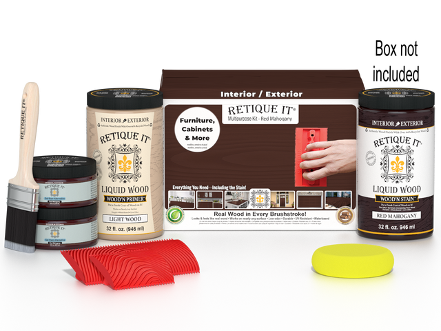 Large red mahogany Wood'n Finish Kit by Retique It, part of the Wood'n Finish Kits collection, with tools and supplies in box.