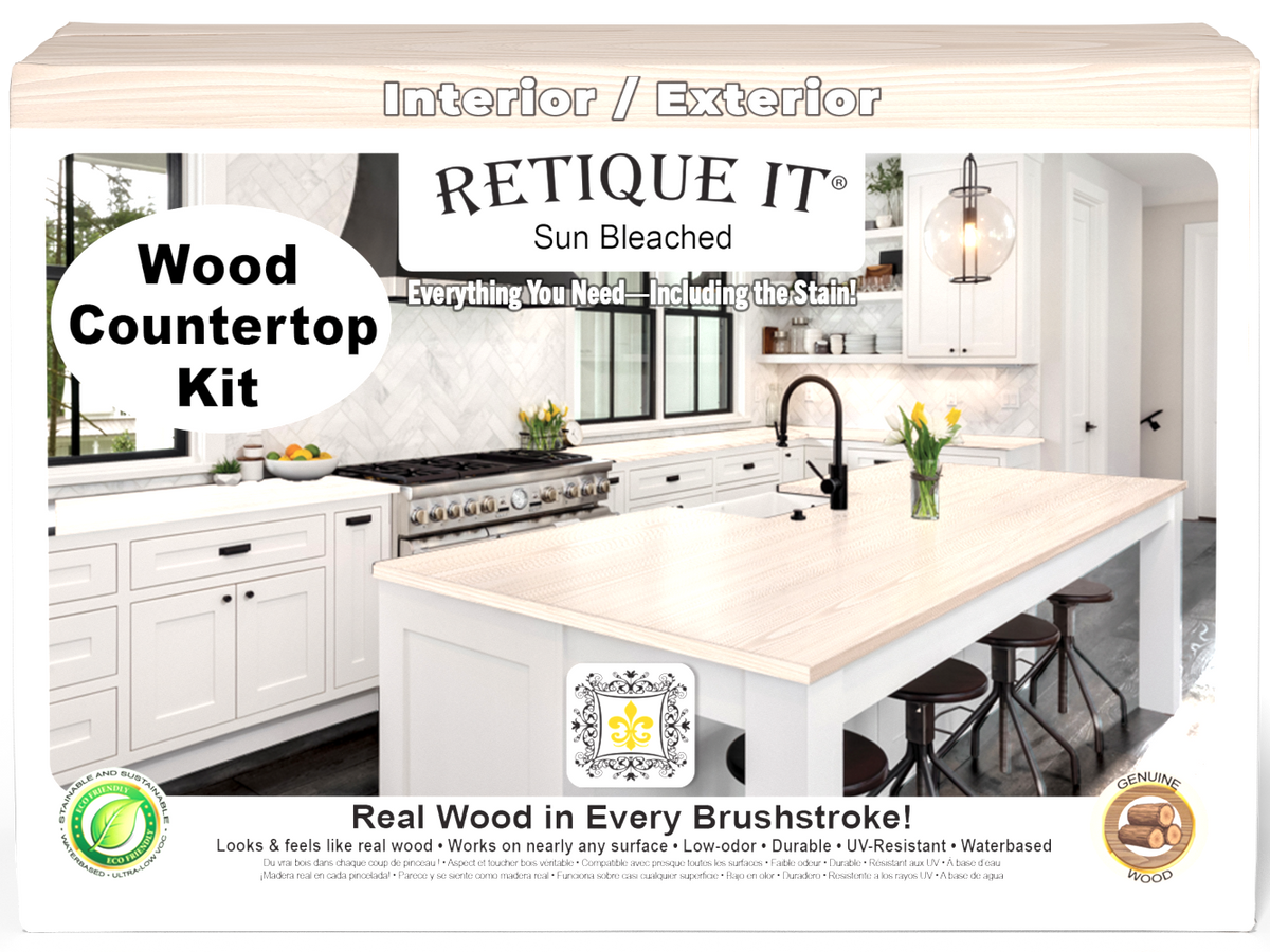 Retique It® Wood'n Finish Kit for countertops in sun bleached finish, featuring a full kitchen setup with wooden surfaces.