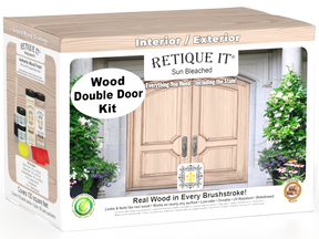 Double wood front door kit by Retique It® in sun-bleached finish, showcasing the finished wood grain and double door design.