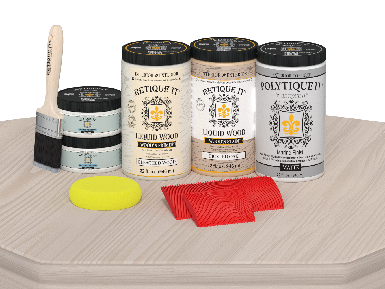 Retique It Wood'n Finish Kit in matte, shown on a table with a wood finish application, part of the WNK-SBCH-PLTQM product line.