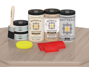 Retique It Wood'n Finish Front Door Kit (Double) in Sun Bleached with satin finish, showing the kit components on a table.