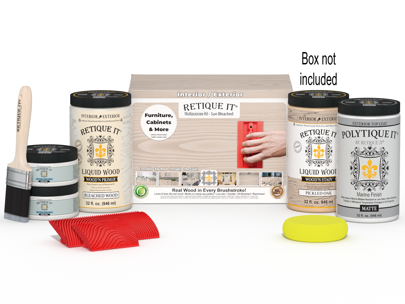 Retique It Wood'n Finish Kits in WNK32-SBCH-PLTQM with a wooden box containing finishing supplies.