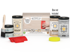 Retique It Wood'n Finish Kits in WNK32-SBCH-PLTQM with a wooden box containing finishing supplies.