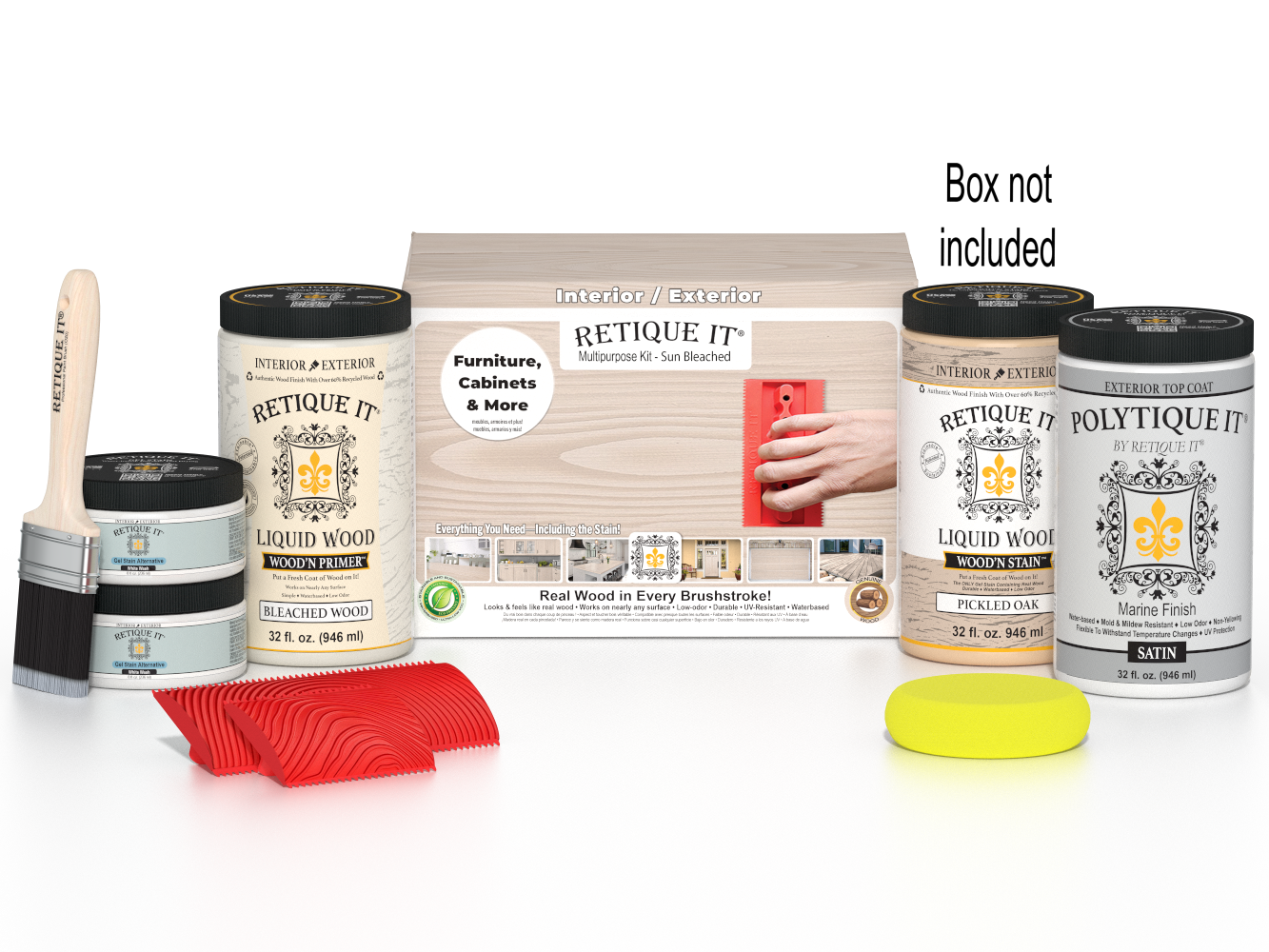 Retique It Wood'n Finish Kits in WNK32-SBCH-PLTQS with packaging, showcasing natural wood finish options and tools included.