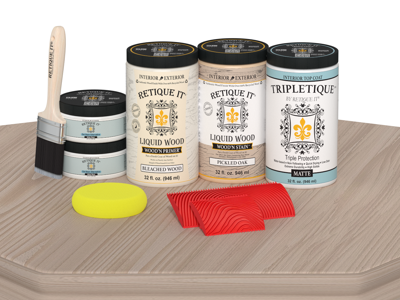 Retique It® Wood'n Finish Kit (4x Large) in Sun Bleached for tabletops, includes matte finish wood staining and finishing supplies.