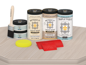 Retique It Wood'n Finish Kit with matte wood stain, shown on a table for a natural wood finish look.