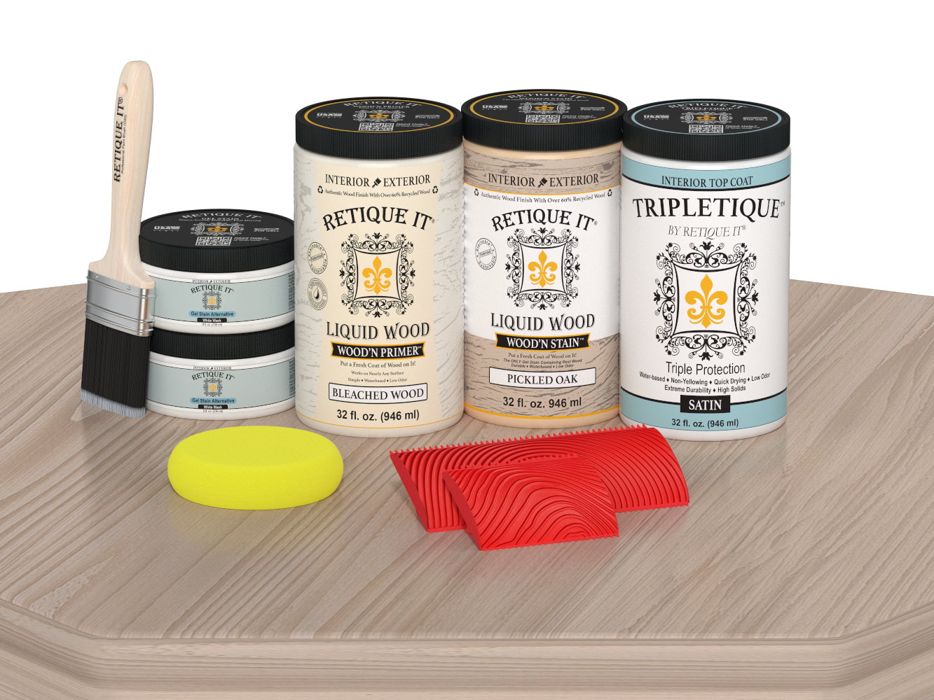 Retique It® Wood'n Finish Kit in Sun Bleached, four large satin tabletop wood finishing products with applicator tools.