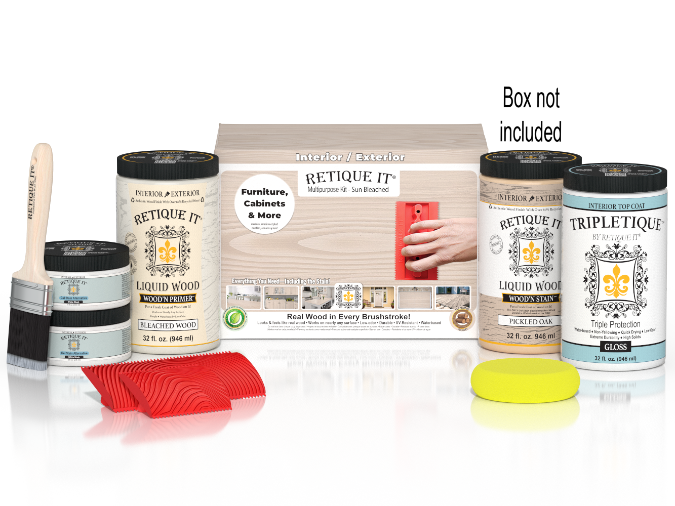 Retique It Wood'n Finish Kit in a box, includes tools and materials for wood finishing projects, shown with components arranged.