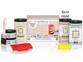 Retique It Wood'n Finish Kit in a box, includes tools and materials for wood finishing projects, shown with components arranged.