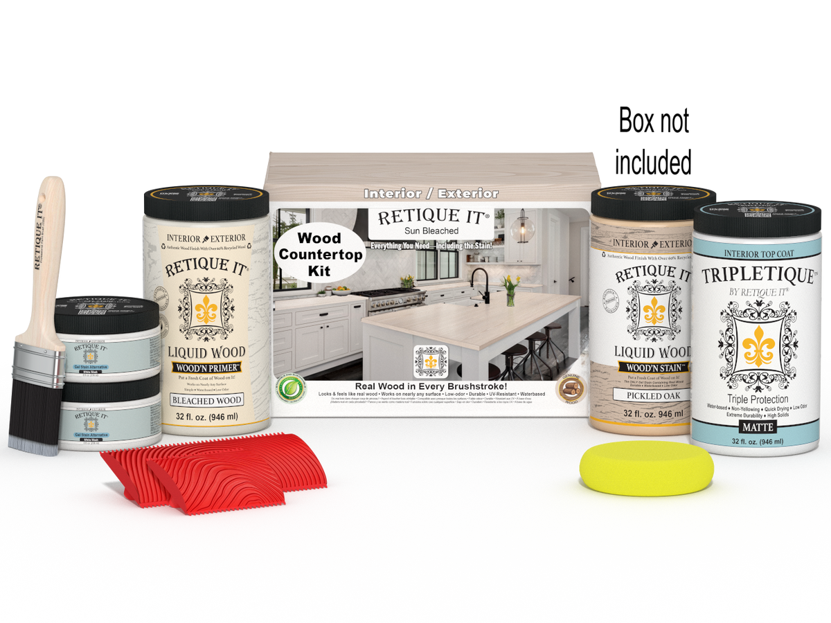 Sun bleached wood countertop kit from Retique It® Wood'n Finish Kits, includes tools and supplies for full kitchen countertop makeover.