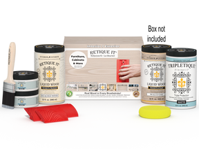 Retique It Wood'n Finish Kit with sandpaper and tools for wood finishing, shown in the box.