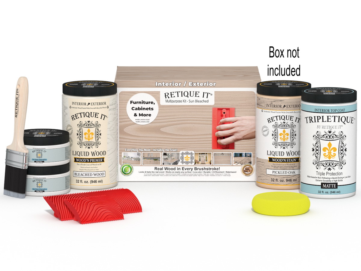 Large Sun Bleached Wood'n Finish Kit by Retique It® with interior top coat, includes brushes and applicators for wood finishing projects.