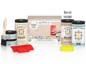 Retique It Wood'n Finish Kit with sandpaper and applicator tools for wood finishing, shown in a box with tools and product components.