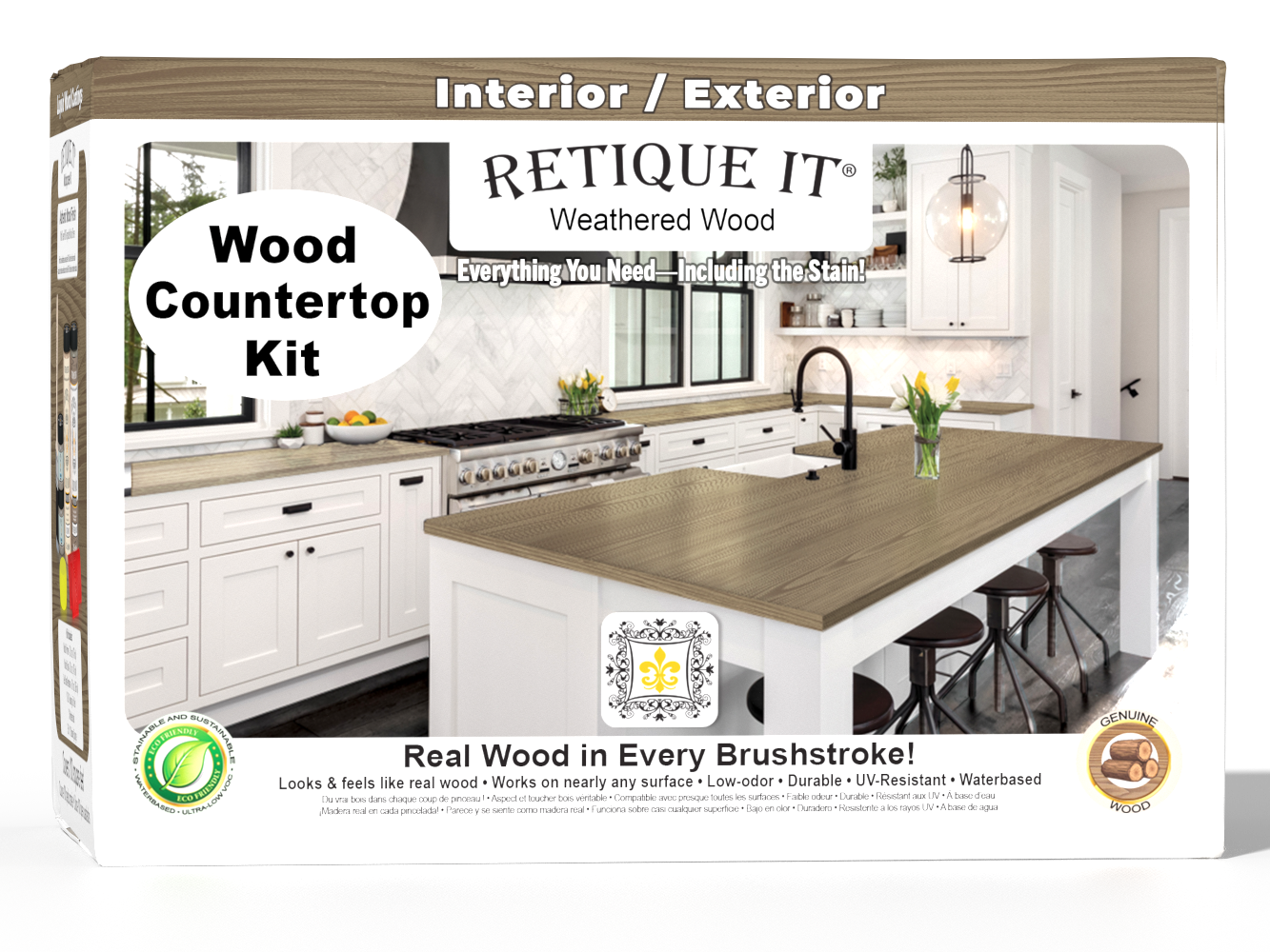 Retique It® weathered wood countertop kit with stains, featuring a full kitchen setup with textured weathered wood finish.