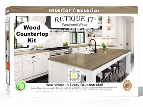 Retique It® weathered wood countertop kit with stains, featuring a full kitchen setup with textured weathered wood finish.