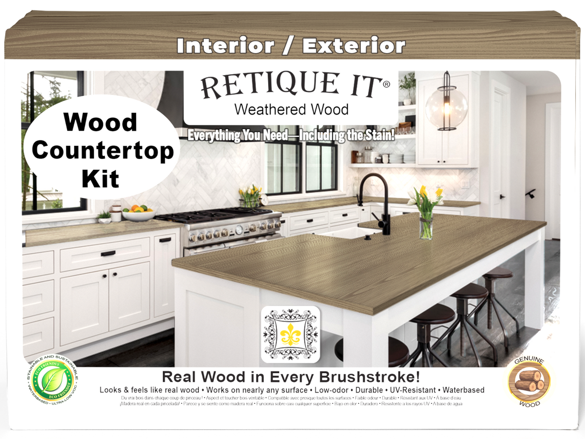 Retique It® weathered wood countertop kit with stain, showing a full kitchen countertop in a rustic weathered wood finish.