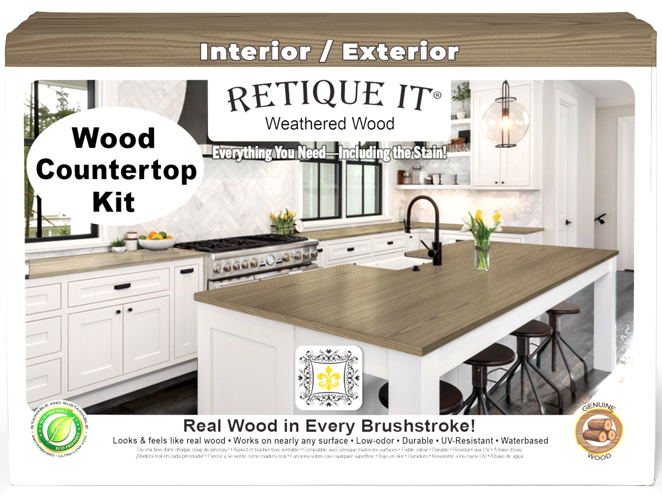 Retique It® Weathered Wood countertop kit stain showing a full kitchen countertop with weathered wood finish.