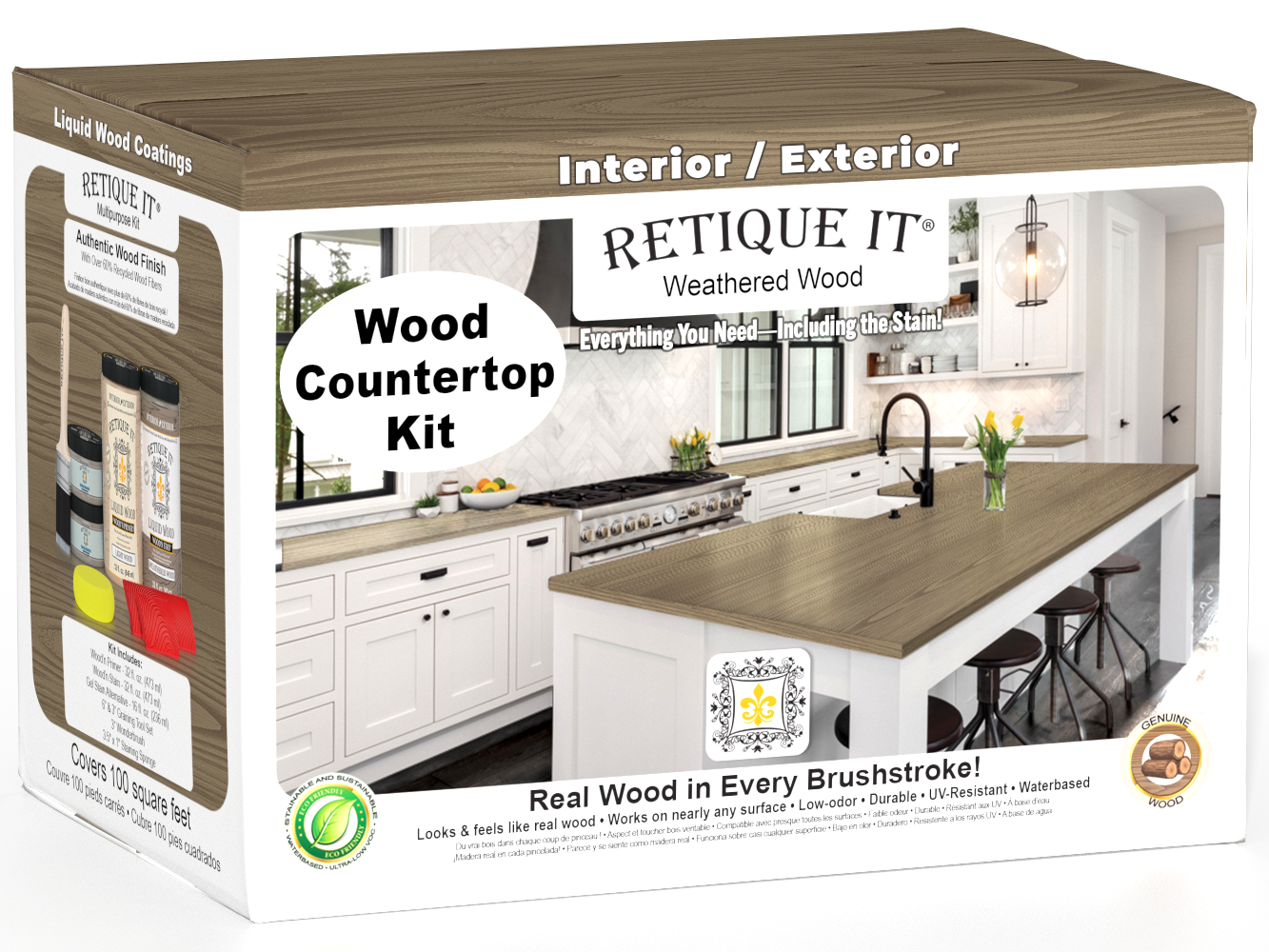 Retique It® Weathered Wood countertop kit with stains, showcasing a complete kitchen transformation with a rustic, weathered wood finish.