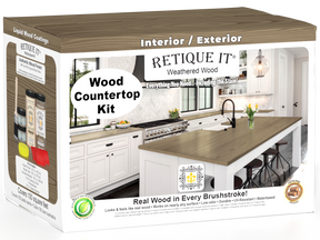 Retique It® Weathered Wood countertop kit with stains, showcasing a complete kitchen transformation with a rustic, weathered wood finish.