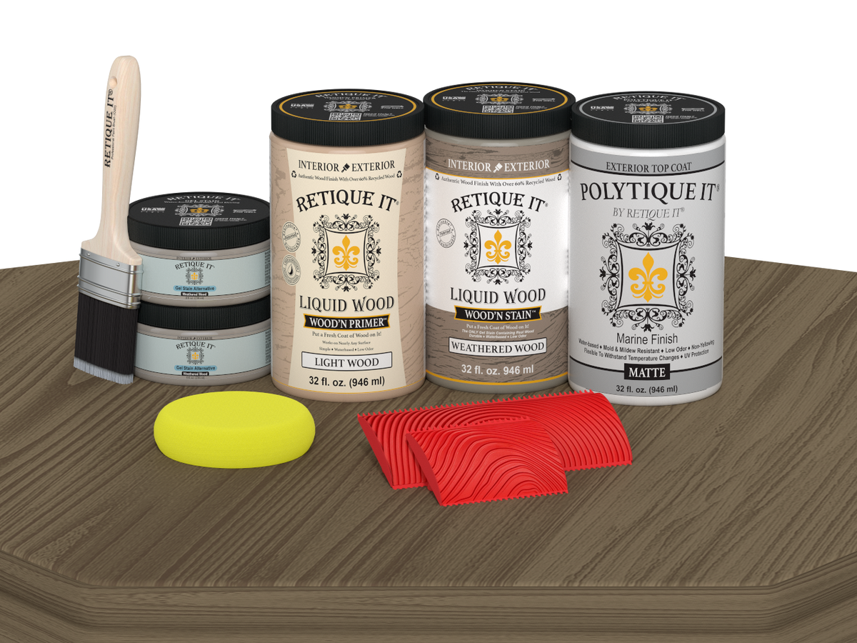 Retique It® Wood'n Finish front door kit in Weathered Wood stain, double door with matte finish on a table.