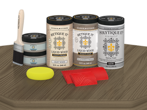Retique It® Wood'n Finish double front door kit in weathered wood stain with satin finish, displayed on a table.