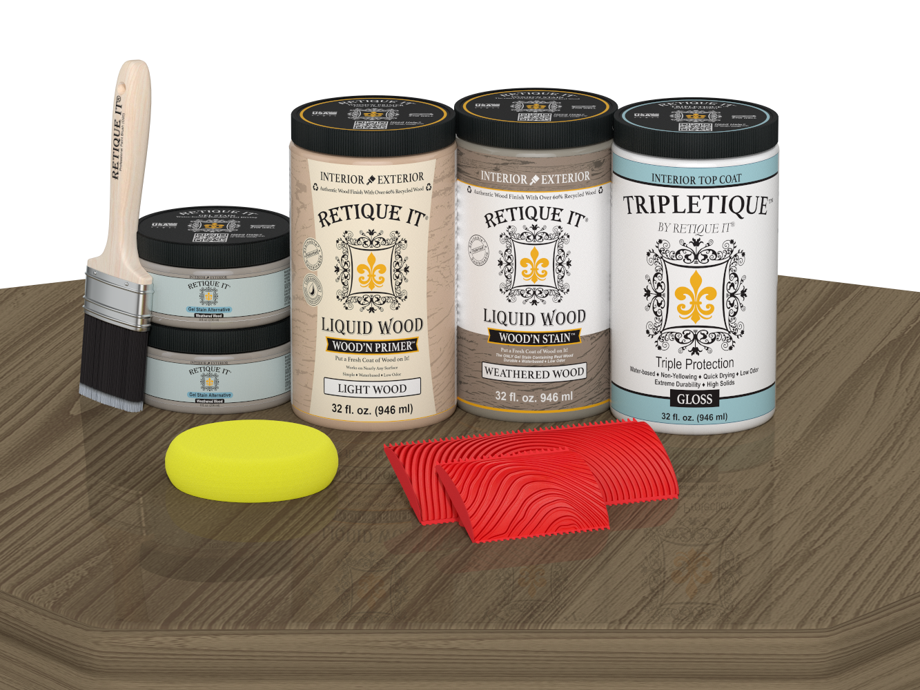 Retique It® weathered wood countertop kit with gloss stain applied on a full kitchen surface, showcasing a rustic, weathered wood finish.