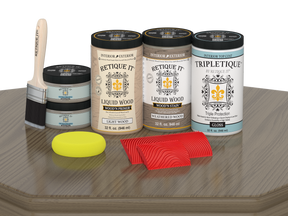 Glossy Weathered Wood finish kit by Retique It® for large interior projects, includes wood top coat for multi-purpose wood finishing.