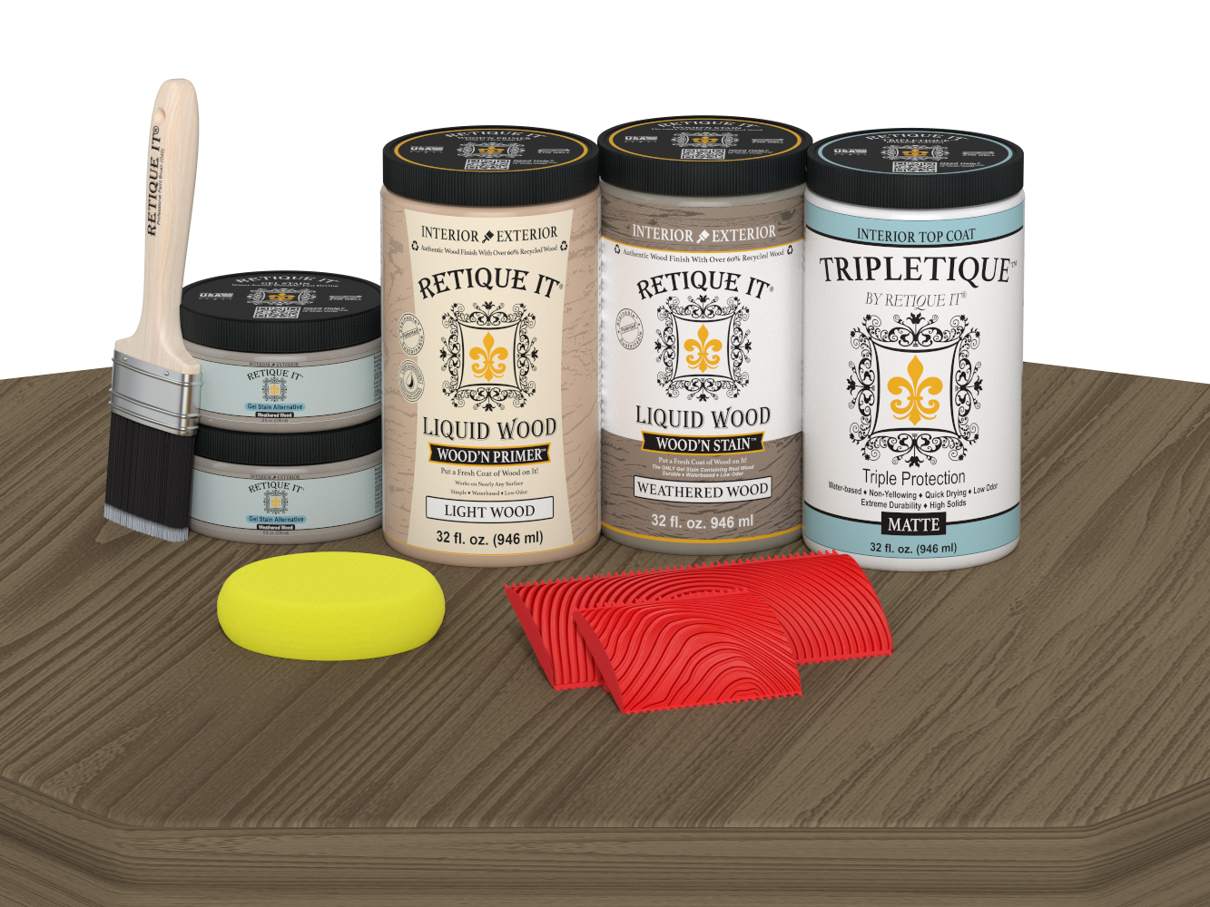Retique It® Wood'n Finish Kit with four large weathered wood stains in matte finish, designed for tabletop wood projects.