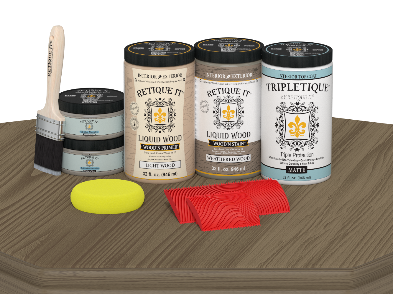 Retique It® Weathered Wood countertop kit with matte finish, featuring stained weathered wood surface for a full kitchen renovation.